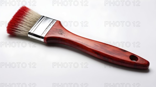 Thick paintbrush dipped in red bristles dripping onto a white background, AI generated