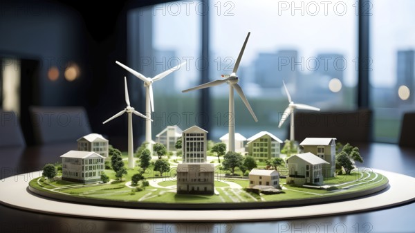 Scale model of a wind turbine adjacent to miniature houses, AI generated