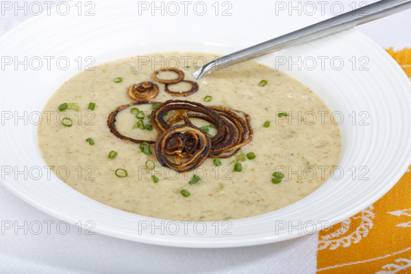 Swabian cuisine, green spelt soup, healthy, vegetarian, regional, soup served in soup plates,