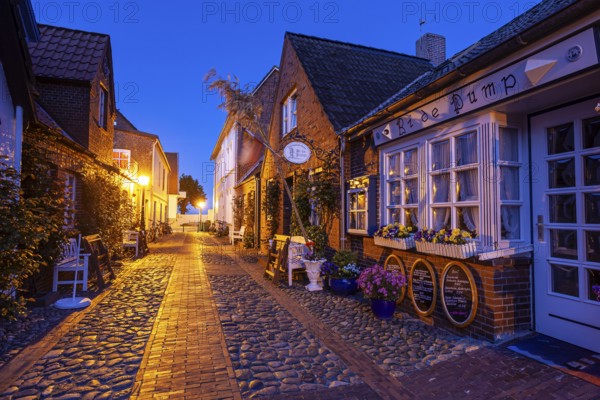 Alley in an old town, twilight, illuminated, Wyk auf Föhr, North Sea island Föhr,