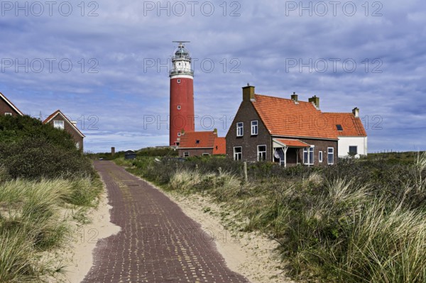 Lighthouse Eierland with houses, De Cocksdorp, Texel, West Frisian Islands, province North Holland,