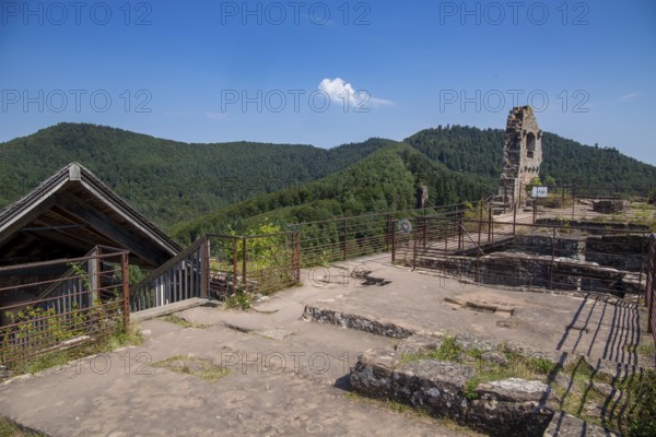 Upper platform of Fleckenstein Castle in Alsace France with a view of the Vosges mountains and the