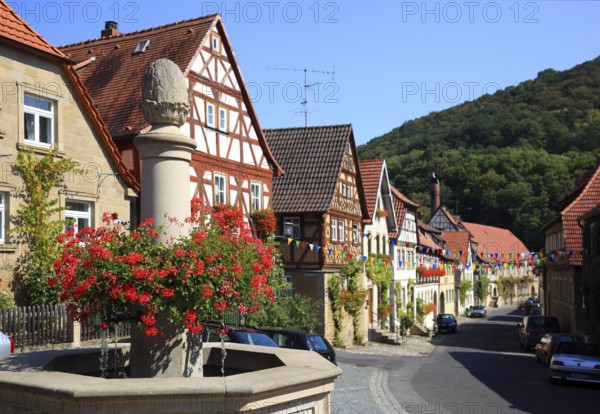 Fountain and old town alley in Zeil am Main, Hassberge district, Lower Franconia, Bavaria, Germany,
