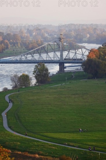 View to the bridge Blaues Wunder, autumn, Dresden, Saxony, Germany, Europe