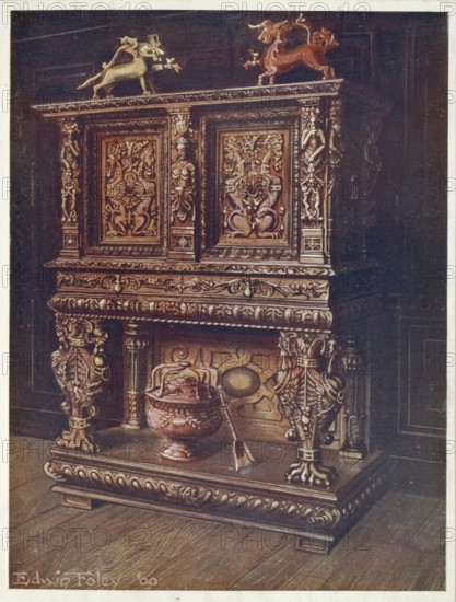 Furniture around the turn of the century 1900, Sideboard in bourgouignon style with carvings (1910,