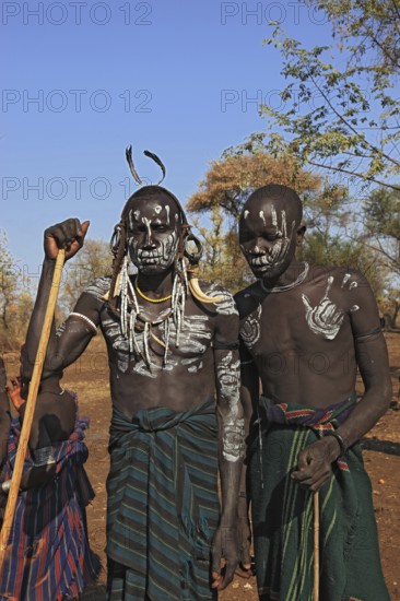 South Ethiopia, in Maco National Park, Mursi tribe, two Mursi boys with painted faces, Ethiopia,