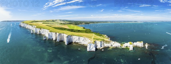Panorama of White Cliffs of Old Harry Rocks Jurassic Coast from a drone, Dorset Coast, Poole,