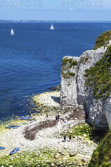 People on paddleboards, White Cliffs. Old Harry Rocks Jurassic Coast, Dorset Coast, Poole, England,