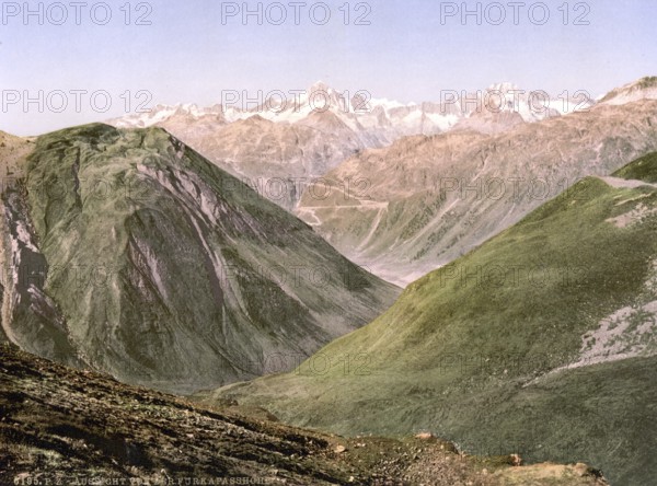 Furka Pass, view from the summit, Bernese Oberland, Switzerland, Historic, digitally restored