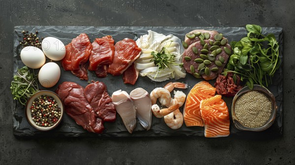 All meat, fish and eggs platter overhead. generative AI, AI generated