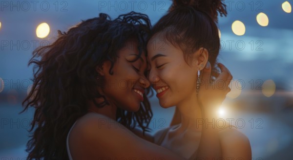 Interracial lesbian LGBTQ couple with long hair and smiling. Concept of inclusivity, AI generated