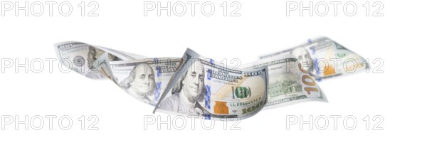 Set of hundred dollar bills floating horizontal row isolated on white