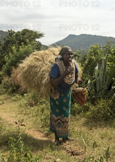 Woman from the Banna ethnic group with a bale of hay on her back and honey in her hand on her way
