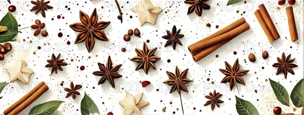 Abstract wallpaper illustration of Christmas spices like cinnamon sticks, star anise, and cloves,