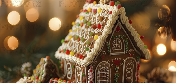 Gingerbread house decorations, focusing on the intricate icing details, colorful candy, and soft,