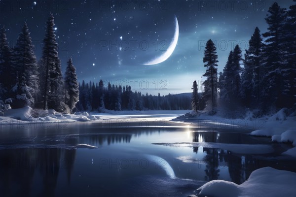 Tranquil winter night scene with a crescent moon and stars shining brightly over a frozen lake,
