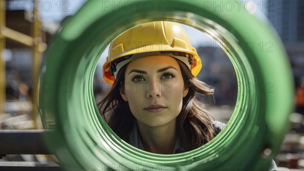 Portrait of a female construction worker wearing a yellow helmet, AI generated