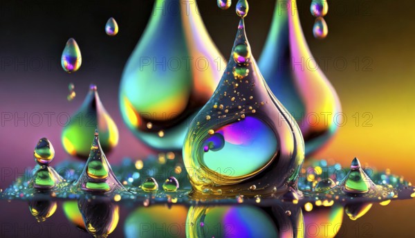 Colourful iridescent plastic drops and bubbles filled with oily liquids, 3D, digital art, AI