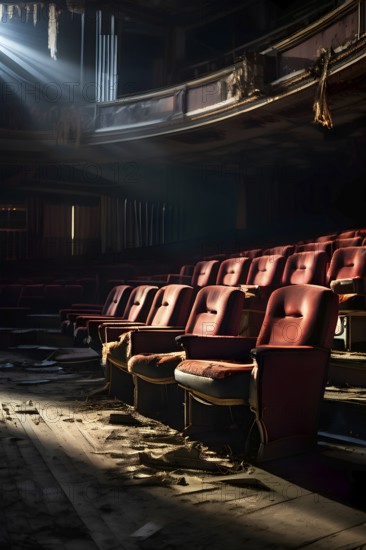 Abandoned theater with tattered seats and an empty stage, AI generated
