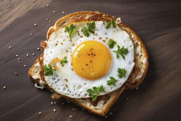Top view of slice of toast bread with fried egg. KI generiert, generiert, AI generated