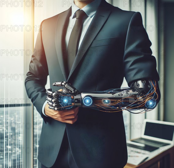 A man with a prosthetic arm, a cybernetic prosthesis, symbolic image people with disabilities,