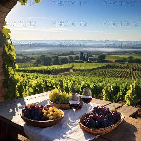 AI generated wine tasting table setup with wine and grapes nestled subtly amidst a thriving