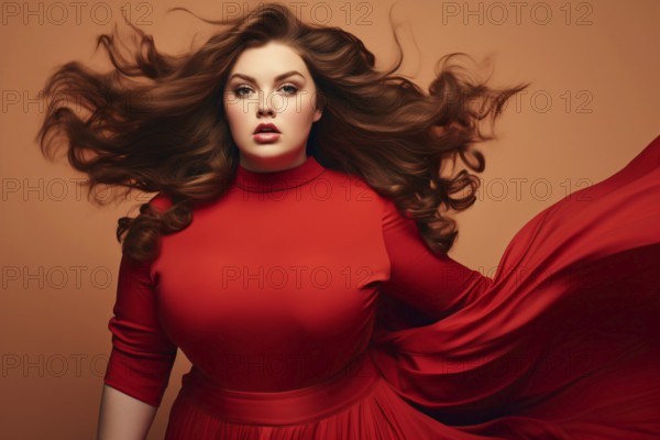 Beautiful curvy plus size woman in elegant red dress. AI generated