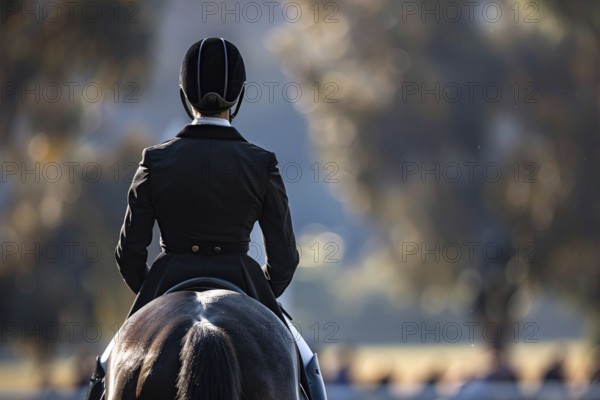 Back view of person in riding horse in dressage sports competition. Generative AI, AI generated