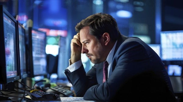 Stock trader in stress and panic in a market crash, AI generated