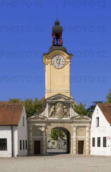 Europe, Germany, Bavaria, Danube, Ingolstadt, New Palace, View to the baroque clock tower, Bavarian