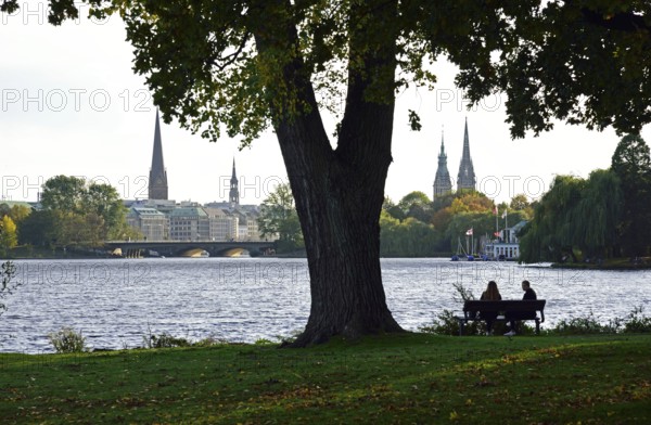 Europe, Germany, Hamburg, City, Outer Alster Lake, Hiking trail Alsterpark, in autumn, Towers of