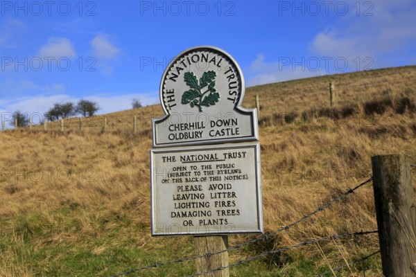 Cherhill Down Oldbury castle, National Trust sign, North Wessex Downs, Wiltshire, England, UK
