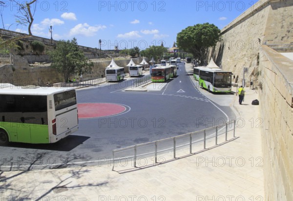 Buses at city centre bus station city of Valletta, Malta, Europe