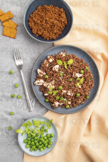 Quinoa porridge with green pea and chicken on ceramic plate on a gray concrete background and