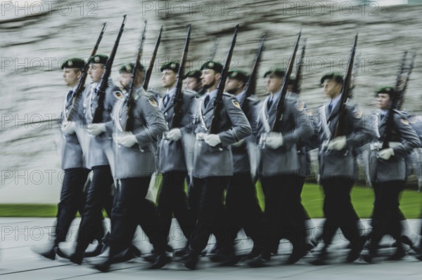 Army soldiers of the guard battalion, photographed during a reception with military honours at the