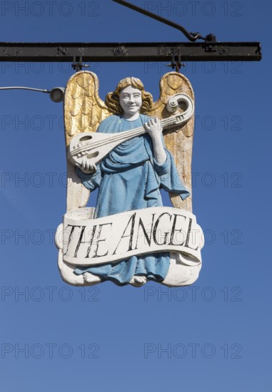 Historic architecture of the Angel Hotel, Lavenham, Suffolk, England, UK