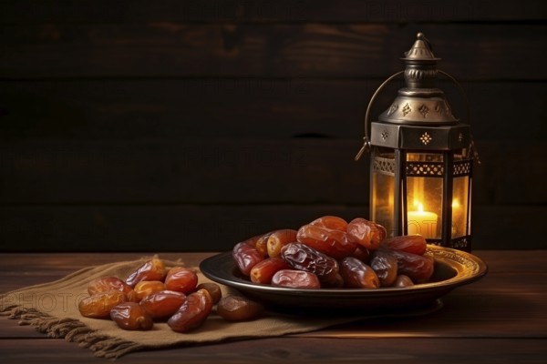 Ramadan lantern with a plate of succulent figs on dark background, set on an ornate table with