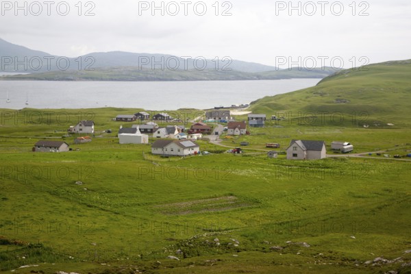 Houses in the crofting settlement village of Bhatarsaigh, Vatersay, Barra, Outer Hebrides,