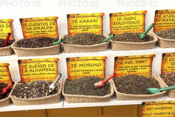 Close up display of various types of herbal tea, Seville, Spain, Europe