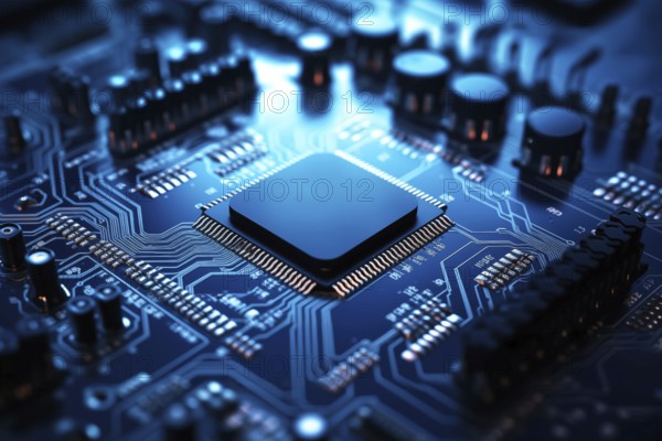 Close-up image of a blue circuit board with a central microchip processor CPU with various
