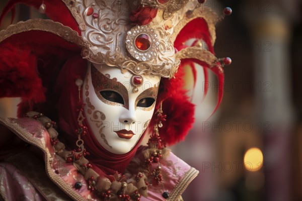 A person adorned in a richly detailed and colorful carnival costume, complete with an elaborate