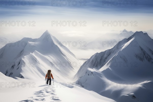 A mountaineer in mountains approaching a majestic snowy mountain peak amidst a snowfall and snow
