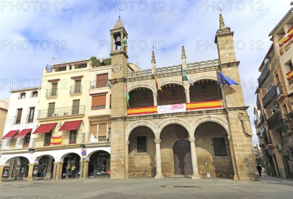 Ayuntamiento town hall Abuelo Mayorga figure, Plasencia, Caceres province, Extremadura, Spain,