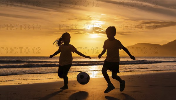 Active children playing soccer football on a beach. Brother and sister, family sport fun, AI