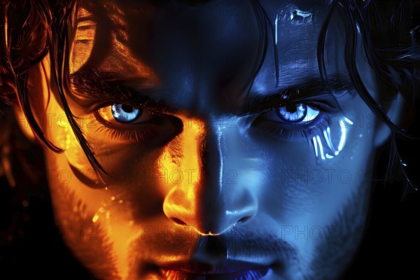 Portrait of a male with orange neon light, AI generated