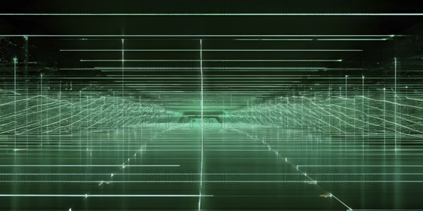 Abstract geometric pattern tunnel structure embodying data streams and communication in green hues,
