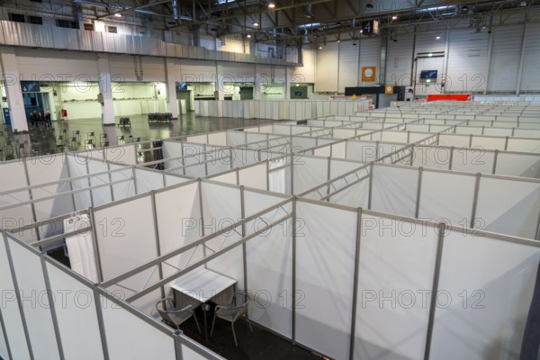 Construction of a vaccination centre for corona vaccinations, in a hall at Messe Essen, by the