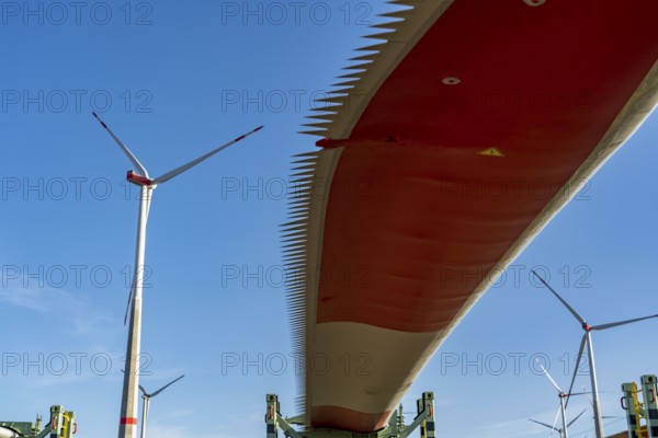 Wind farm near Bad Wünnenberg, construction site, toothing on the rotor blades, so-called