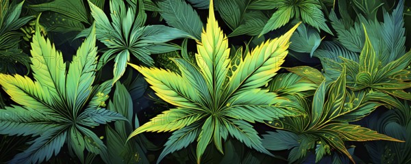 Abstract wallpaper highlighting stylized cannabis leaves in vibrant green and golden colors, AI
