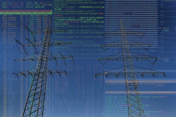 Symbolic image of critical infrastructure, blackout risk, cyberterrorism, high-voltage pylons of